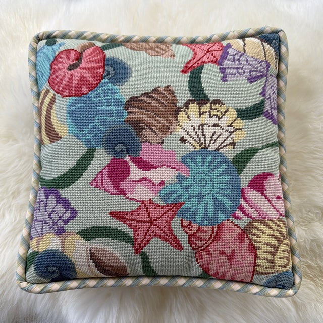 Vintage Needlepoint Seashell and Starfish Decorative Pillow For Sale - Image 10 of 11