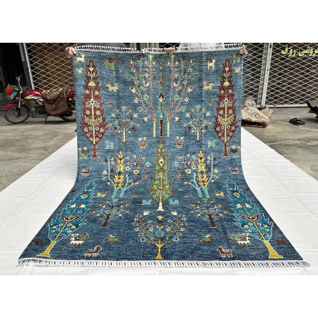 Blue Afghan Pictorial Tree of Life Hand-Knotted Wool Rug - 7'10" X 5'9" For Sale - Image 6 of 11