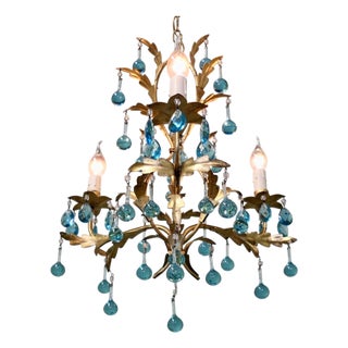 Vintage French Turquoise Crystal and Tolewear Chandelier, 1920 For Sale