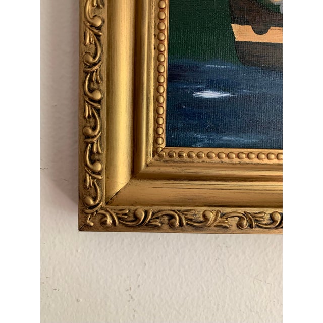 A richly toned maritime seascape set against a deep hunter green sky, with water in layered blues, creating a sense of...
