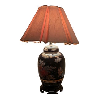 Vintage Chinoiserie Black Porcelain Ginger Jar Floral Table Lamp With Shade For Sale
