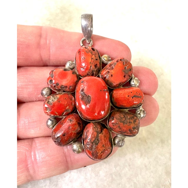 American Vintage Large Coral and Sterling Silver Pendant For Sale - Image 3 of 5
