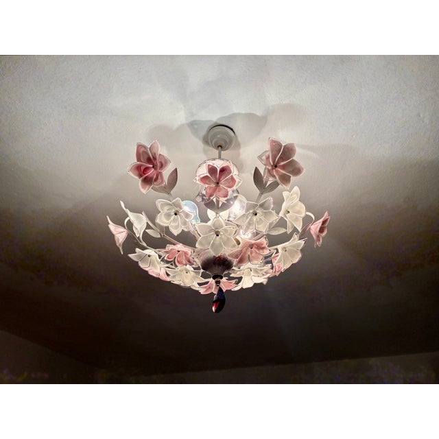 Vintage Murano Style Floral Chandelier – Romantic Pink & White Glass Bouquet Light For Sale - Image 13 of 17