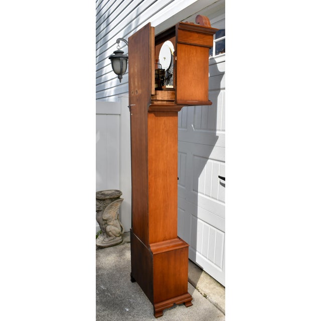 Colonial Cherry Grandfather Clock Vintage Moon Dial Triple Weights Chime For Sale In Philadelphia - Image 6 of 18