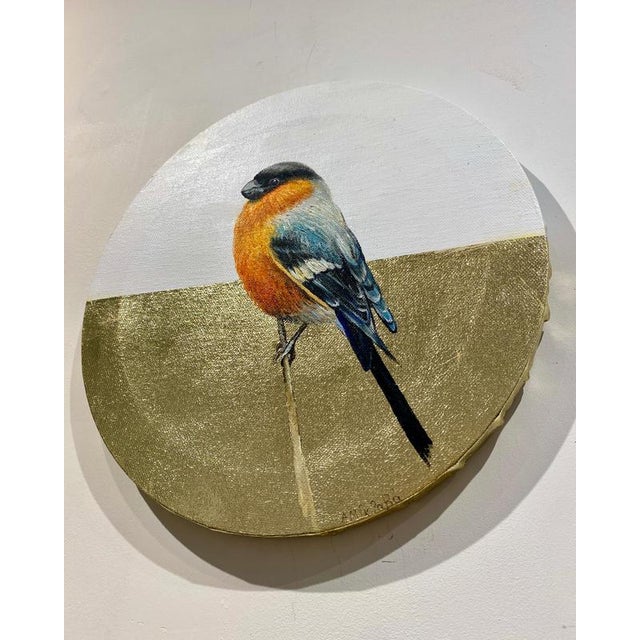 Anastasia Gklava, Eurasian Bullfinch, Orange & Black Bird Composition, Painting with Gold Leaf on Round Canvas, 2025 For Sale - Image 16 of 18