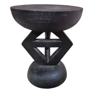 Carved African Tribal Style Black Statuette Side Table For Sale