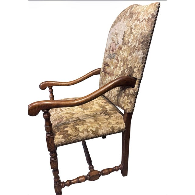 Brown EuroAntique English Manor Style Oak Armchair With Stag Tapestry Upholstery For Sale - Image 8 of 9