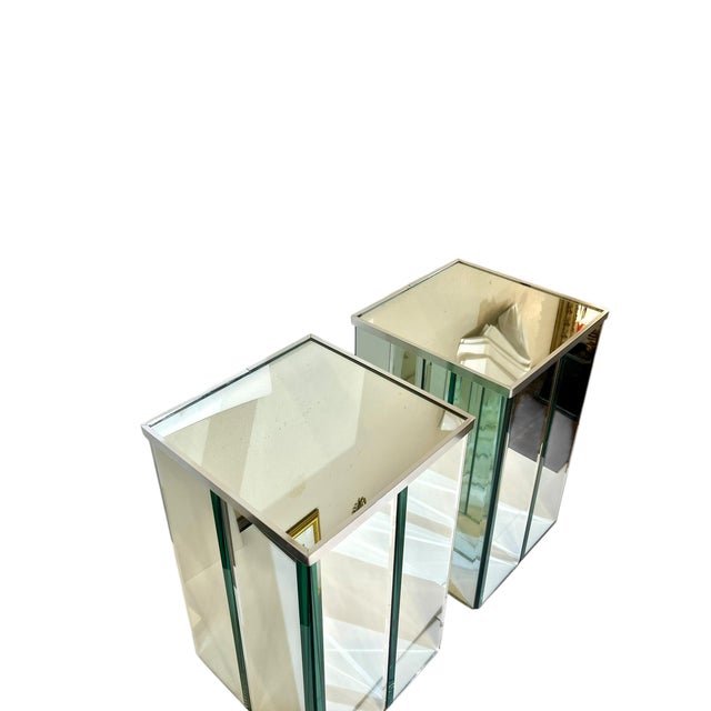 1970s Pair 1970’s Custom Made Beveled Mirror Cocktail End Tables For Sale - Image 5 of 14