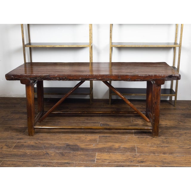 American 1900s Rustic Pine Log Table with Straight Legs and Side Stretchers For Sale - Image 11 of 11