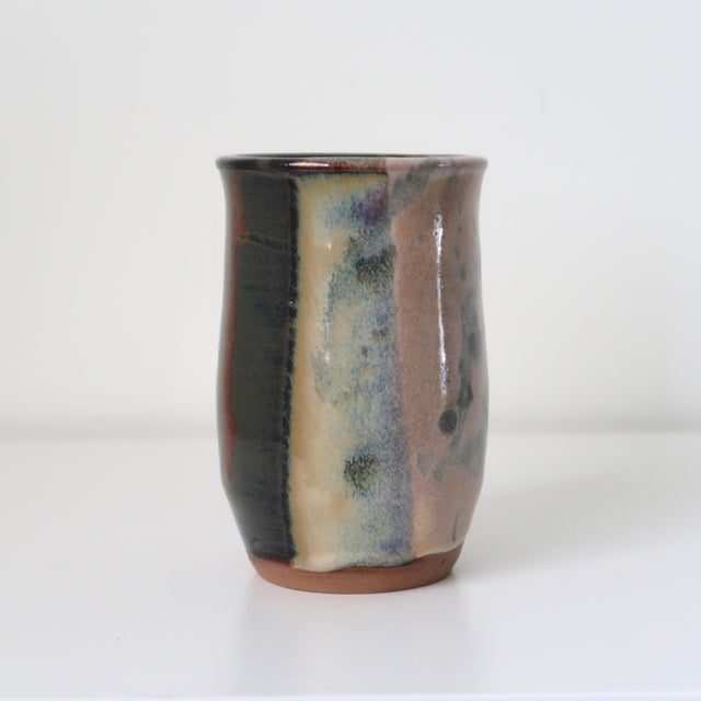 Signed Handmade Ceramic Studio Pottery Tumbler Shaped Vessel With Abstract Brushwork & Variegated Glaze For Sale - Image 13 of 16