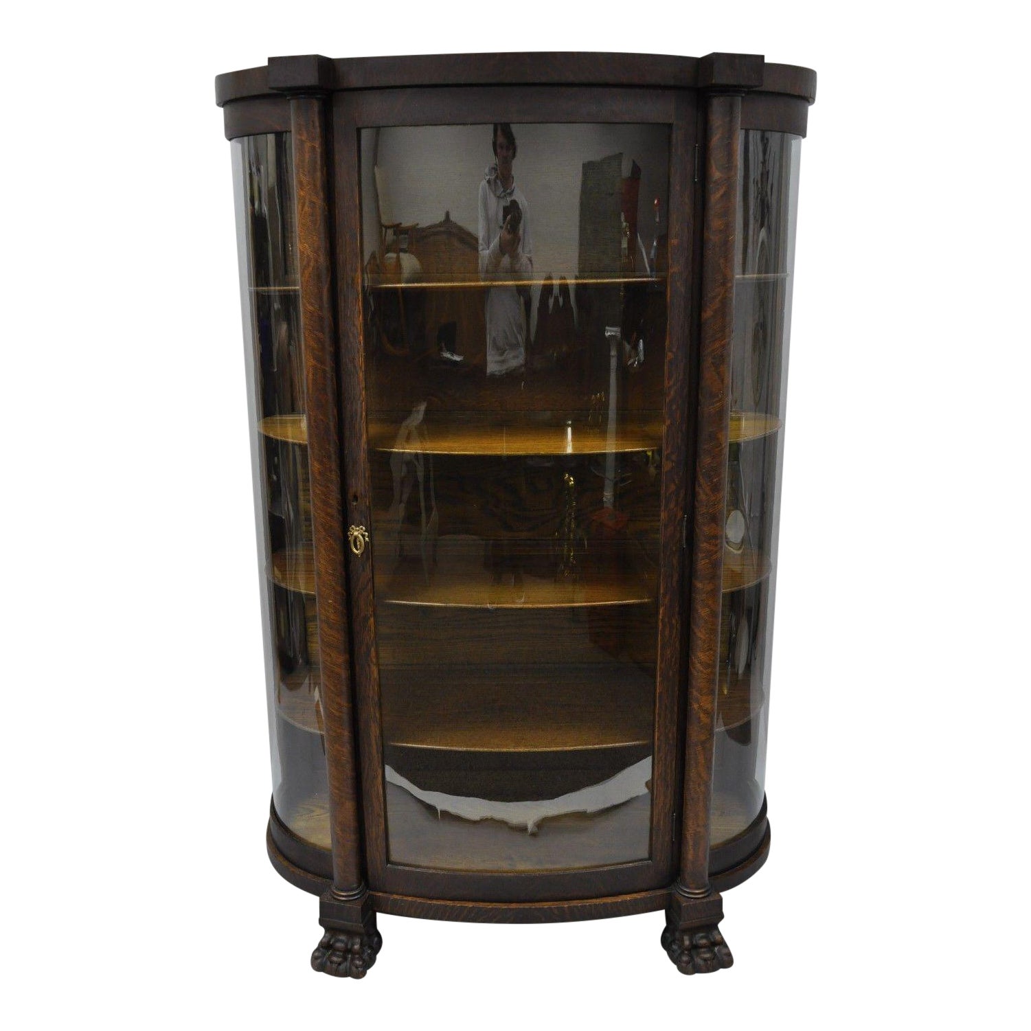 Antique Oak Paw Feet Curved Triple Bow Front Glass China Cabinet