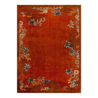 Striking Multi Color Daisies in a Floral Design With Orange-Terra-Cotta Ground Color Antique Chinese Art Deco Rug For Sale