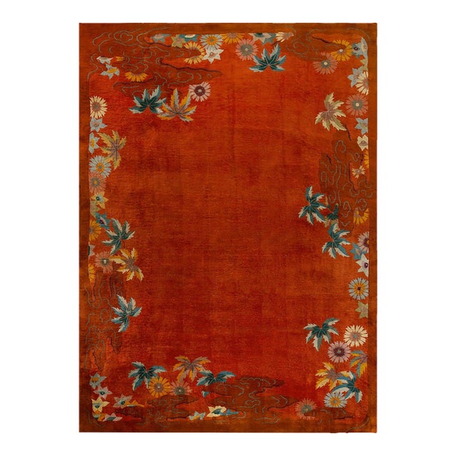 Striking Multi Color Daisies in a Floral Design With Orange-Terra-Cotta Ground Color Antique Chinese Art Deco Rug For Sale