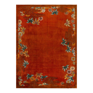 Striking Multi Color Daisies in a Floral Design With Orange-Terra-Cotta Ground Color Antique Chinese Art Deco Rug