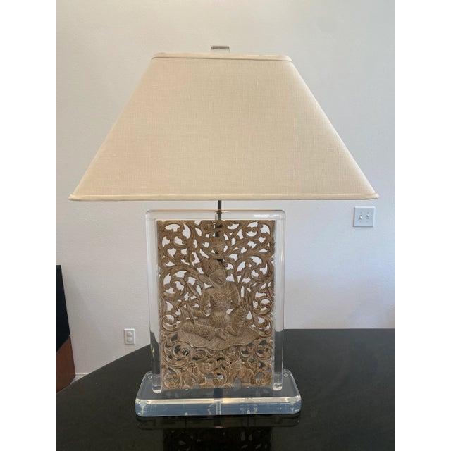 Balinese Carved Panel Table Lamp in Lucite Frame With Brass Hardware For Sale - Image 9 of 9