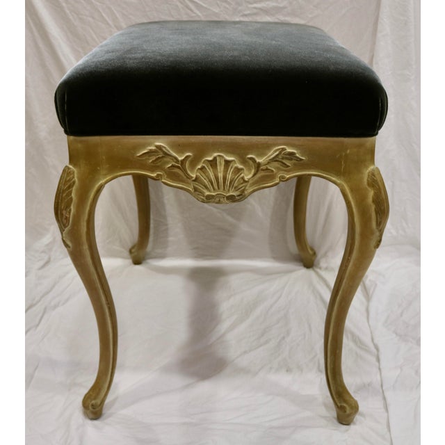 Mid 20th Century French Louis XV Bench Stool - Hand Carved Frame & Fern Green Silk Velvet Upholstered Seat Pair For Sale In Charlotte - Image 6 of 7