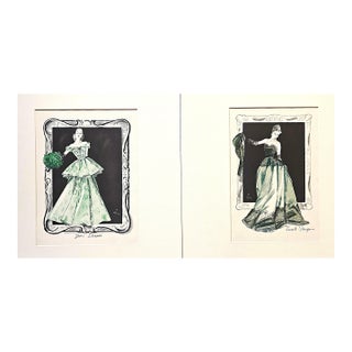 1945 Rare PAIR-Mid-Century French Evening Gowns-Rene Gruau, Matted For Sale