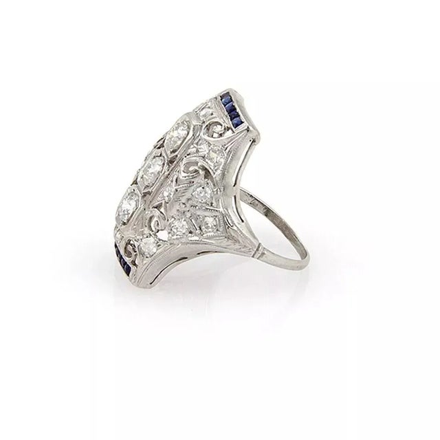 Contemporary Diamond & Sapphire Platinum Long Milgrain Open Filigree Ring - Size 5 For Sale - Image 3 of 4