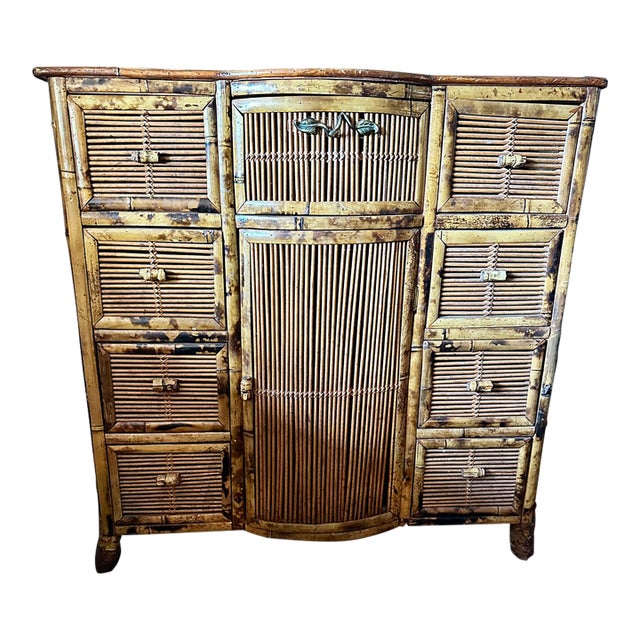 1970s Boho Chic Woven Reed & Bamboo Cabinet - Mid-Century Modern Tiki Regency Commode Dresser For Sale