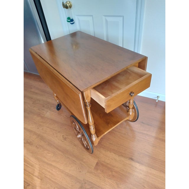 Brown 1970's Ethen Allen Early American Solid Maple Drop-Leaf Tea Cart For Sale - Image 8 of 12