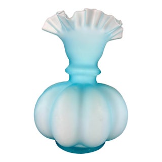 1970s Fenton Blue Satin Crimped Art Glass Melon Vase For Sale