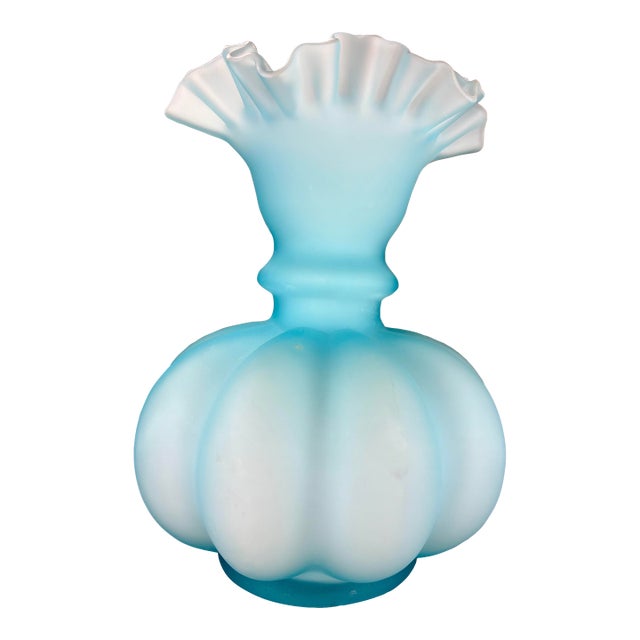 1970s Fenton Blue Satin Crimped Art Glass Melon Vase For Sale