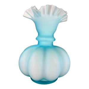 1970s Fenton Blue Satin Crimped Art Glass Melon Vase