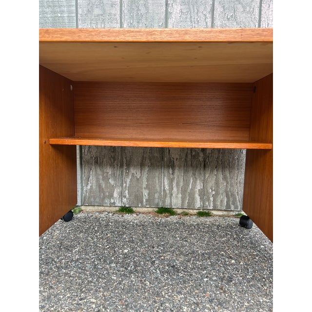 Brown Danish Modern Teak Writing Desk With Finished Back on Castor Wheels For Sale - Image 8 of 13