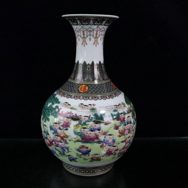 Vintage Famille Rose Vase With "Hundred Children" Motif For Sale - Image 4 of 9