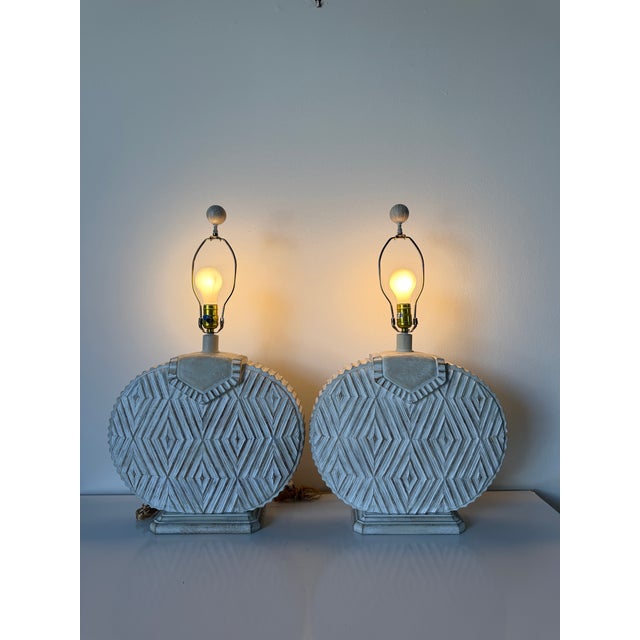 Postmodern 1980’s Vintage Postmodern Geometric Plaster Table Lamps – A Pair For Sale - Image 3 of 13