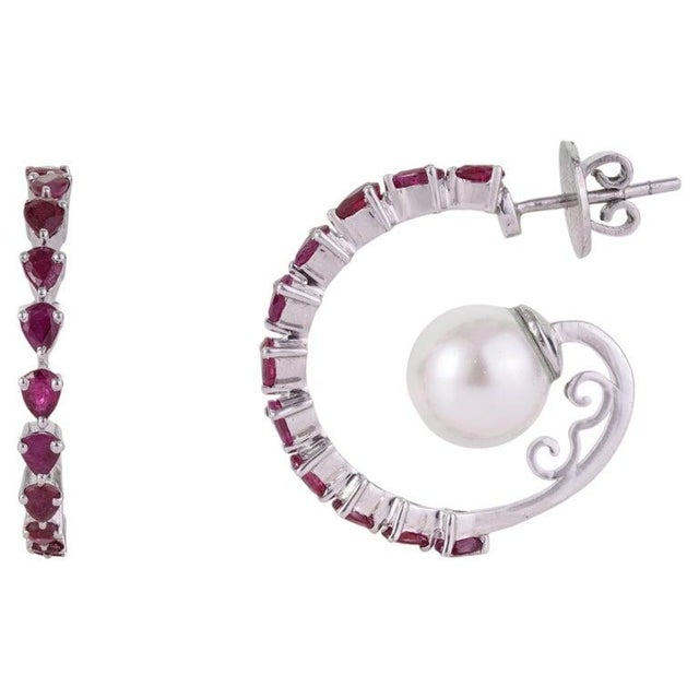 Natural Ruby & Freshwater Pearl Designer C Hoop Earrings in 925 Sterling Silver, A Pair For Sale - Image 10 of 15