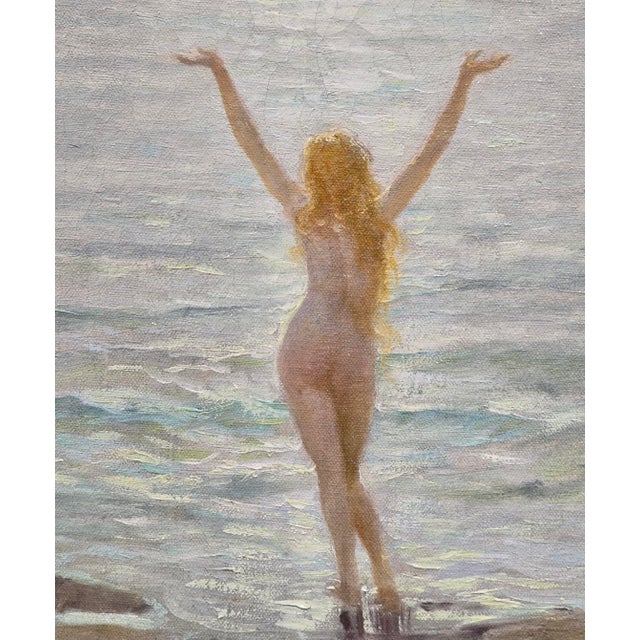 Sky Blue Joseph Tomanek–Nude Nymph Greeting the Sea –1920s American Impressionist Oil Painting For Sale - Image 8 of 11