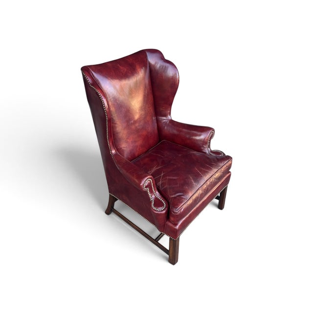 Vintage Burgundy Leather Wingback Chair With Brass Nailhead Trim by Baker For Sale In Los Angeles - Image 6 of 18