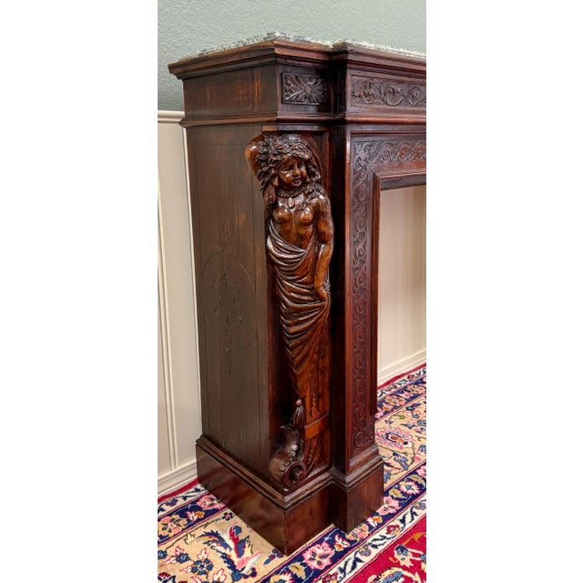 Antique French Fireplace Mantel Surround Marble Top Renaissance Revival Oak 19c For Sale - Image 15 of 18