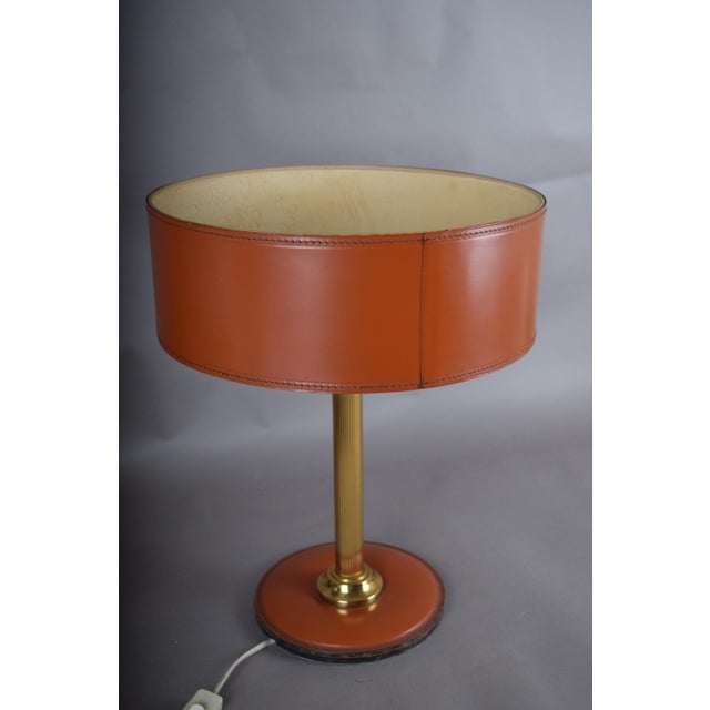 Mid-Century Leather and Brass Table Lamp with Drum Shade, 1950s For Sale - Image 11 of 12