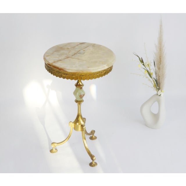 Beige Vintage Marble Tripod Table with Brass Legs, 1960s For Sale - Image 8 of 8
