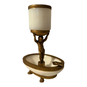 Antique Baccarat Style Opalescent Milk Glass & Ormolu Mounted Figural Smoking Tray
