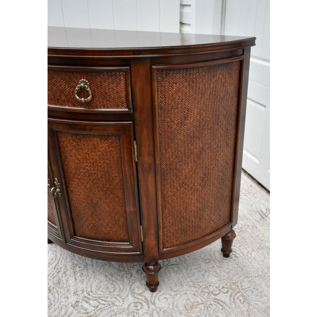 Coastal Vintage Thomasville Inlaid Mahogany Tommy Bahama Style Demi Lune Cabinet For Sale - Image 3 of 11