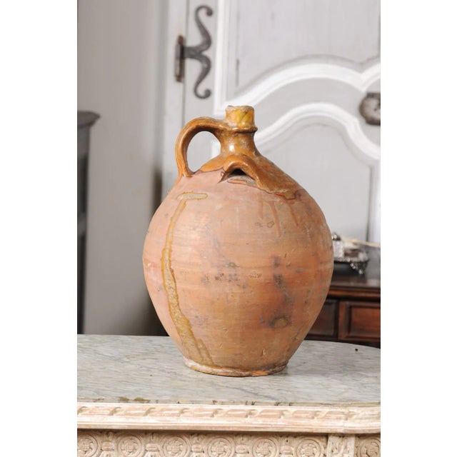 Brown Rustic French 19th Century Pottery Jug with Yellow Glaze and Three Handles For Sale - Image 8 of 12