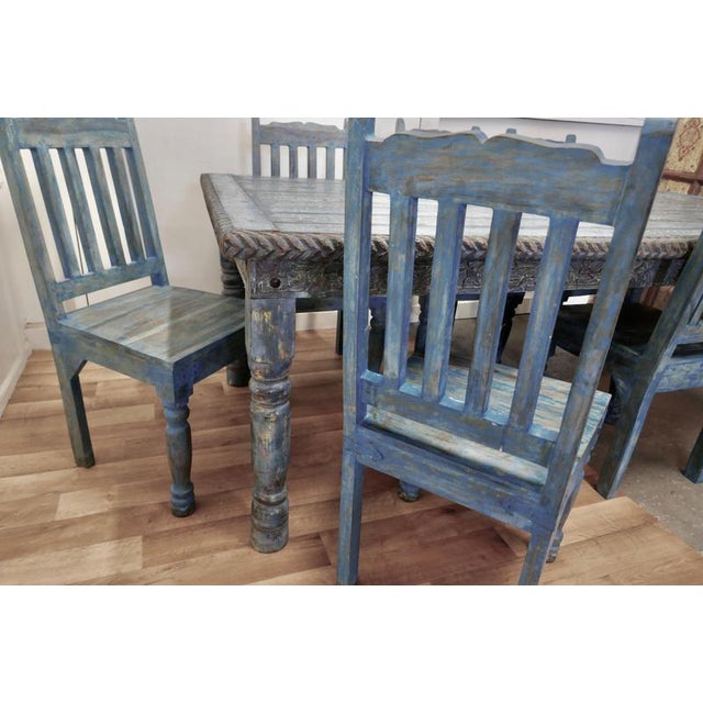 Wood Large Carved Folk Art Painted Table and Chairs, 1920, Set of 7 For Sale - Image 7 of 16