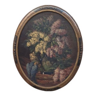Beautiful 1920s Oil Painting of Lilacs With Parrot For Sale