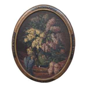 Beautiful 1920s Oil Painting of Lilacs With Parrot