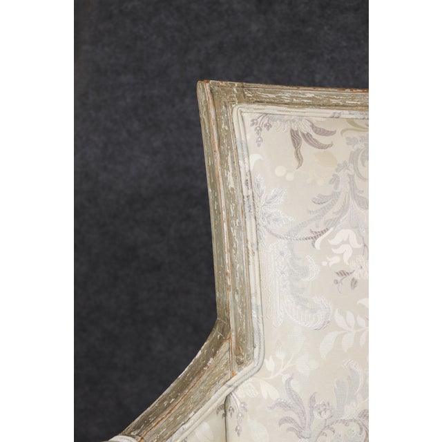 Pair 18th Century French Louis XVI Distressed Painted Bergères For Sale - Image 14 of 17