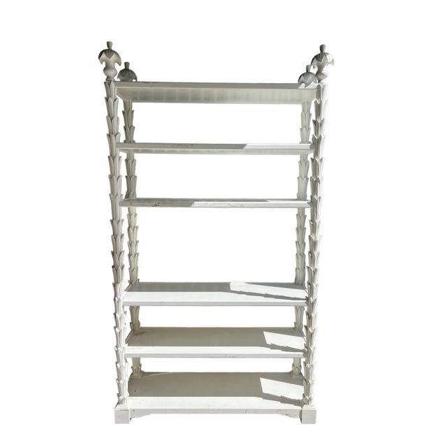 1950s Palm Tree Columned Shelving Wooden Display Carved White Etagere Bookcase For Sale