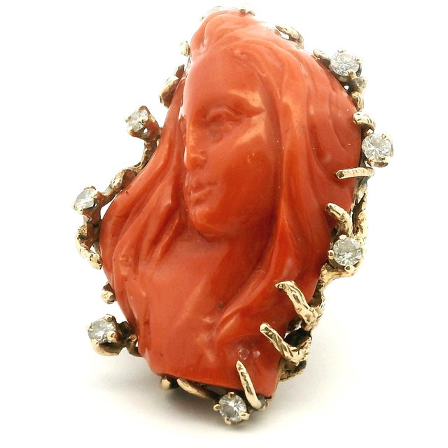 Italian Carved Red Coral Diamond 14k Gold Statement Ring, Circa 1970s, Size 6.25 For Sale - Image 10 of 13