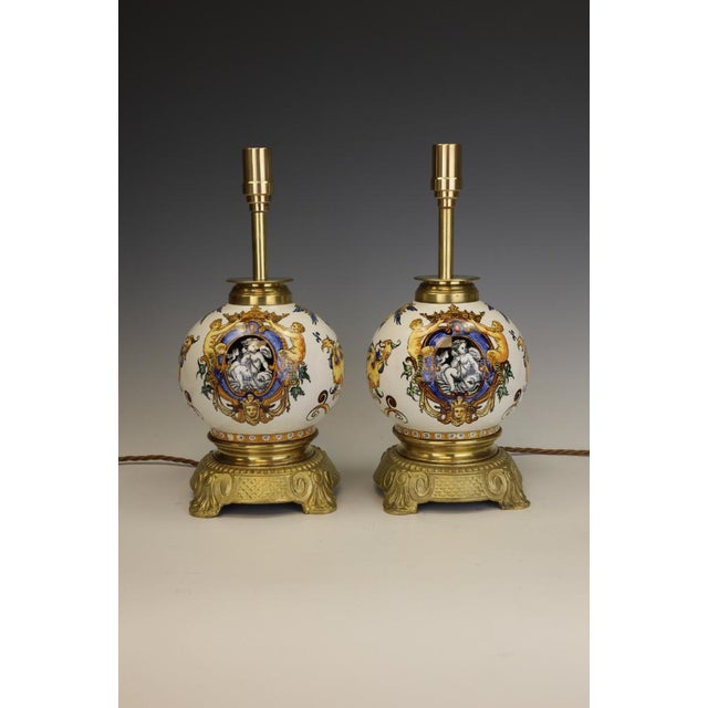 Pair of italian majolica table lamps, renaissance revival, c.1880–1900 a striking and highly decorative pair of late 19th-...