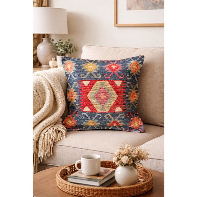 Beautifully woven pillow cover sourced in Turkey with a detailed geometric pattern, predominated by burnt orange tones....