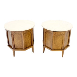 Travertine Top Round Drum Shape Two Doors End Side Tables Night Stands - A Pair For Sale