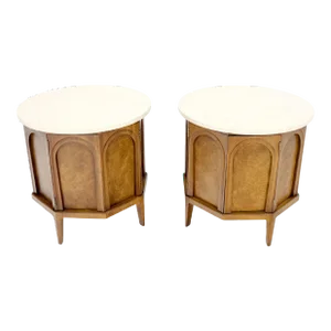 Travertine Top Round Drum Shape Two Doors End Side Tables Night Stands - A Pair