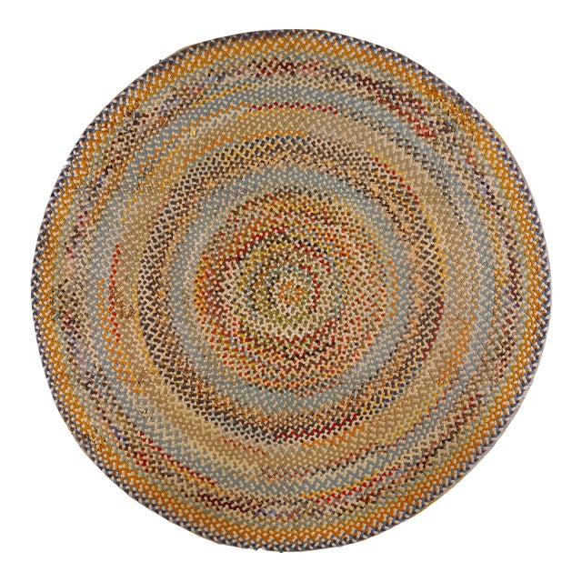 1930s Multicolor Abstract Folk Art Antique American Round Braided Rug 8' X 8' Cotton Carpet For Sale